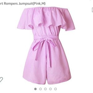 Amazon Pink Seersucker Off the Shoulder Romper M